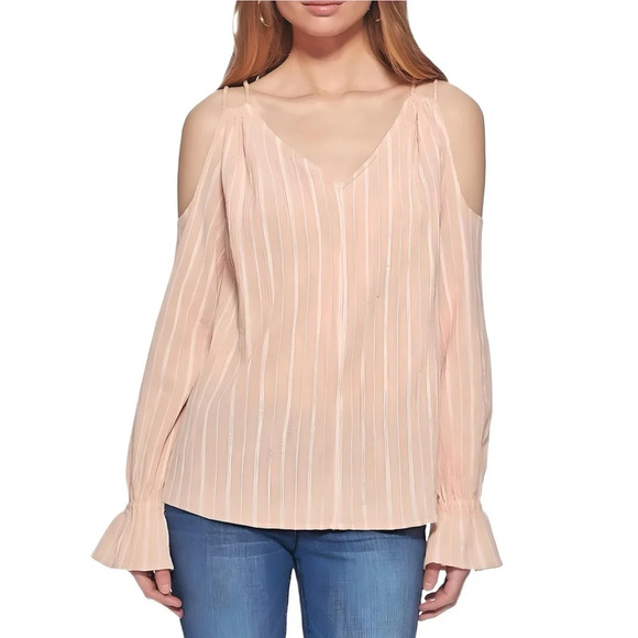 JESSICA SIMPSON - Women's Pink Stripe Cold Shoulder V-Neck 100% Cotton Blouse XS - Picture 1 of 3